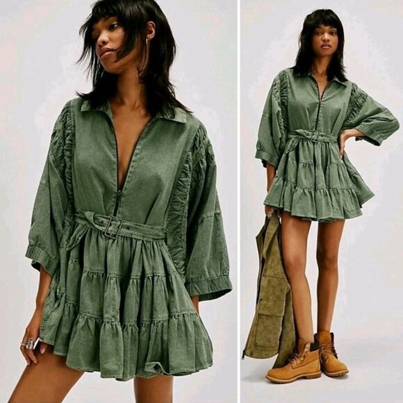 Free People Dresses & Skirts - NWT Free People Hampton Belted Mini Dress Size L Crystal Kelp Green